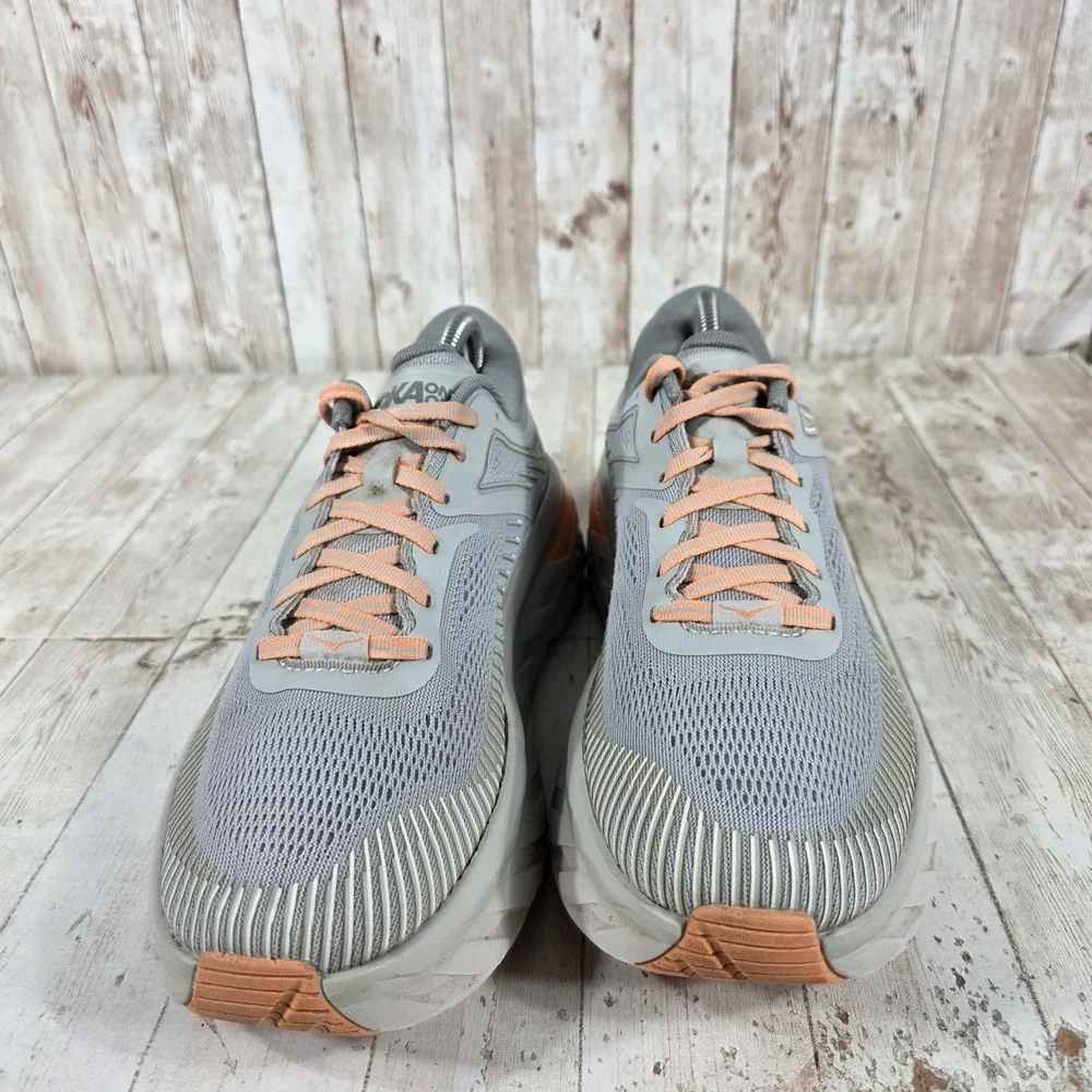 Hoka One One Bondi 7 Harbor Mist Sharkskin Grey Orange Running Shoes Womens 10